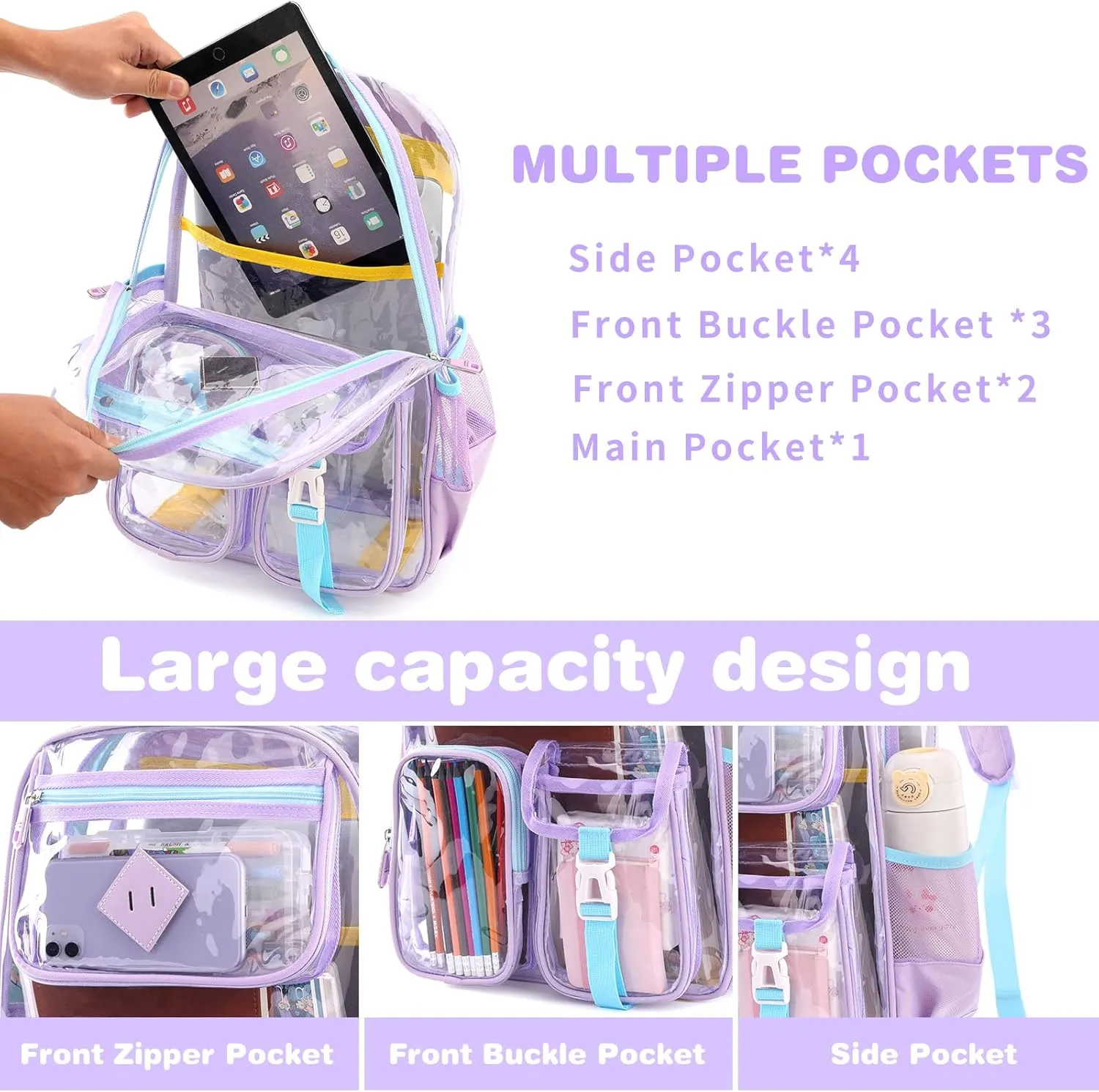 Clear Backpack for Girls Heavy Duty PVC,See Through School Backpack,Transparent Bookbag Travel Sports Events Concert Stadium (Purple Blue)