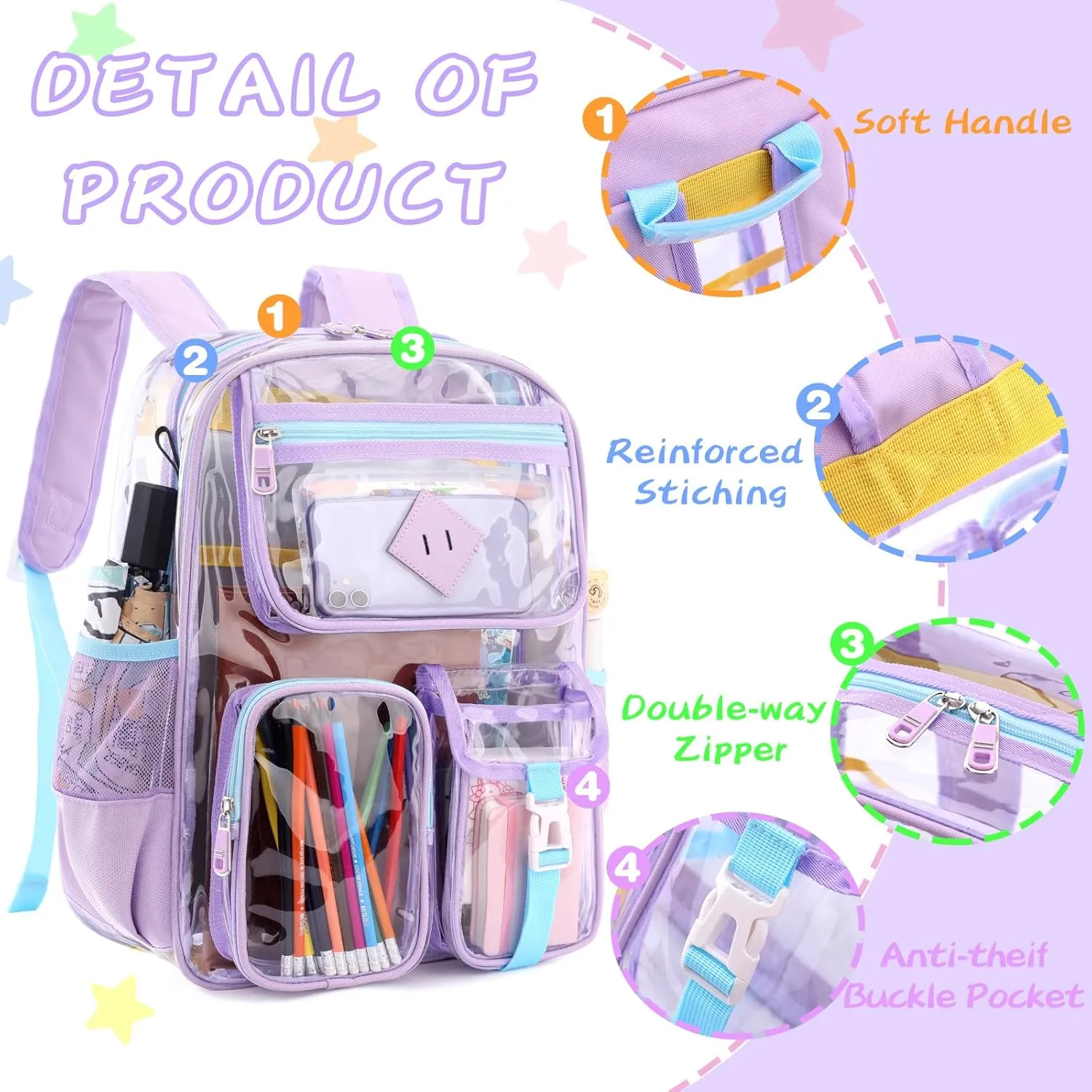Clear Backpack for Girls Heavy Duty PVC,See Through School Backpack,Transparent Bookbag Travel Sports Events Concert Stadium (Purple Blue)