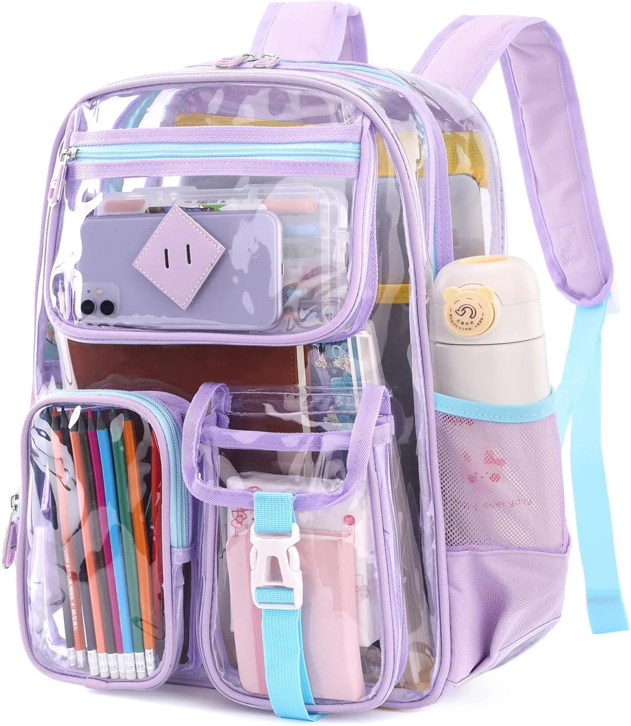 Clear Backpack for Girls Heavy Duty PVC,See Through School Backpack,Transparent Bookbag Travel Sports Events Concert Stadium (Purple Blue)