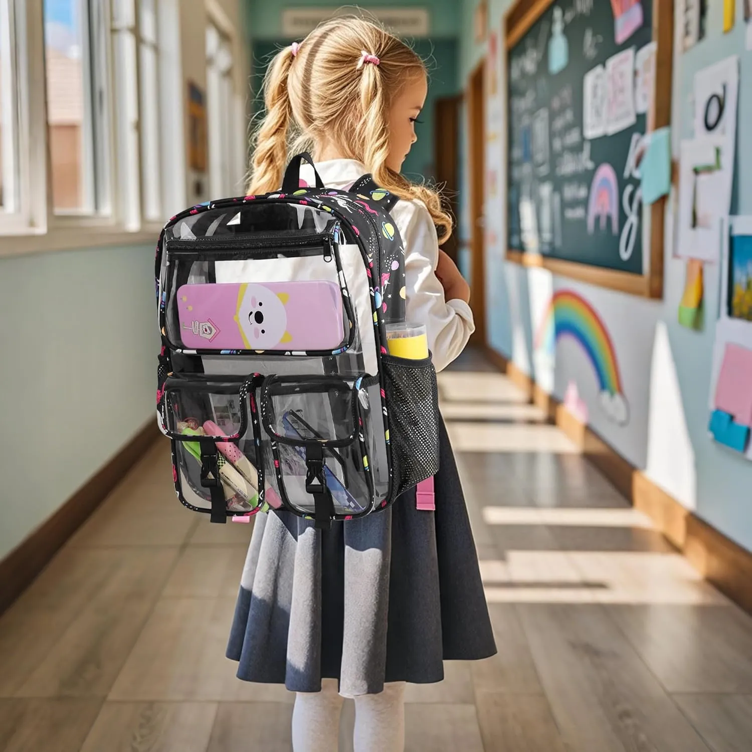 Clear Backpack for Girls, School Kids Heavy Duty See Through Bookbag Unicorn Transparent Backpack with Thicker Strap, Black