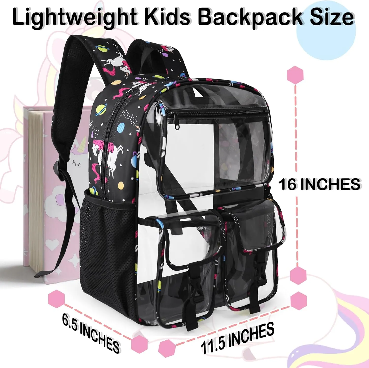 Clear Backpack for Girls, School Kids Heavy Duty See Through Bookbag Unicorn Transparent Backpack with Thicker Strap, Black