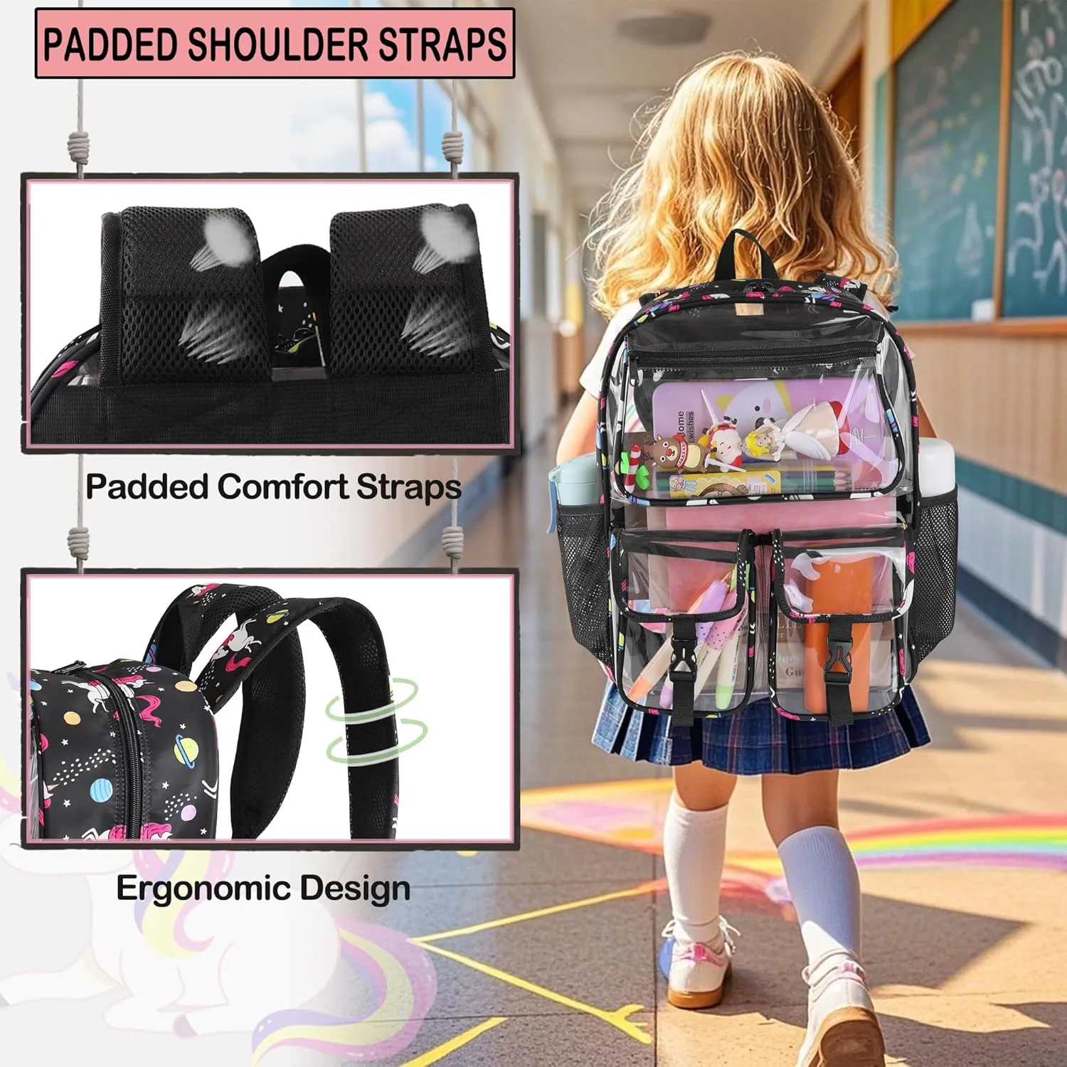 Clear Backpack for Girls, School Kids Heavy Duty See Through Bookbag Unicorn Transparent Backpack with Thicker Strap, Black