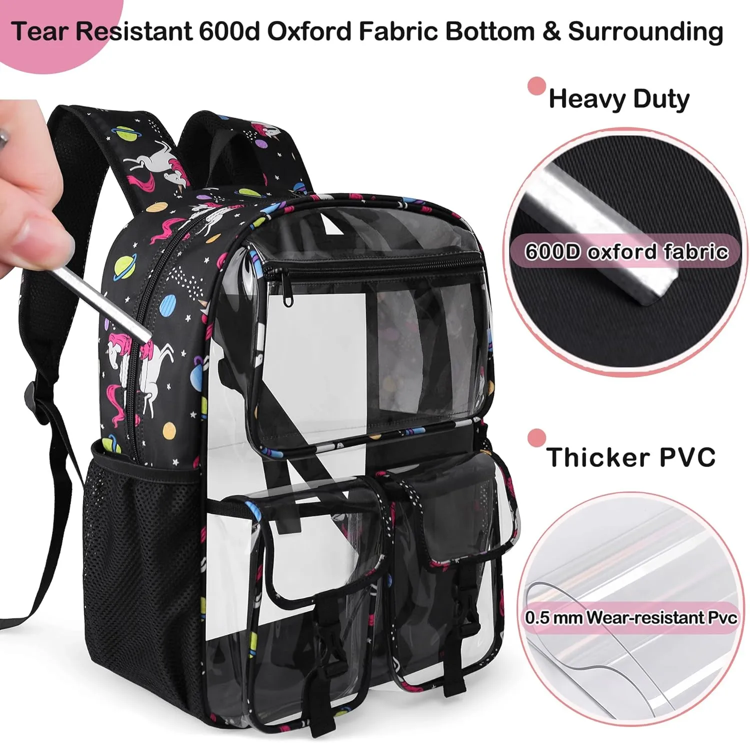 Clear Backpack for Girls, School Kids Heavy Duty See Through Bookbag Unicorn Transparent Backpack with Thicker Strap, Black
