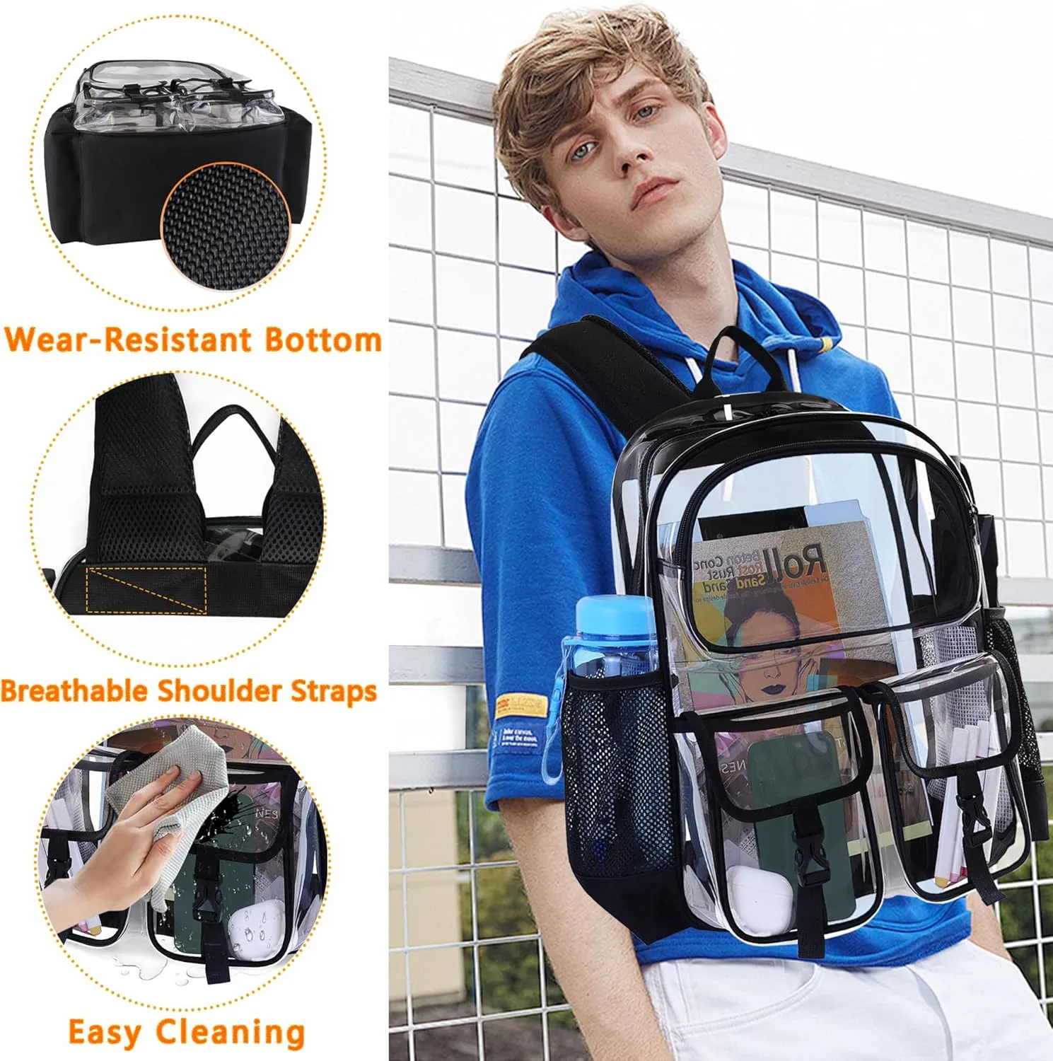 Clear Backpack for School, Clear Bookbag Heavy Duty Transparent Backpacks 17 '' Large See Through Bag for Boys Girls-Blue