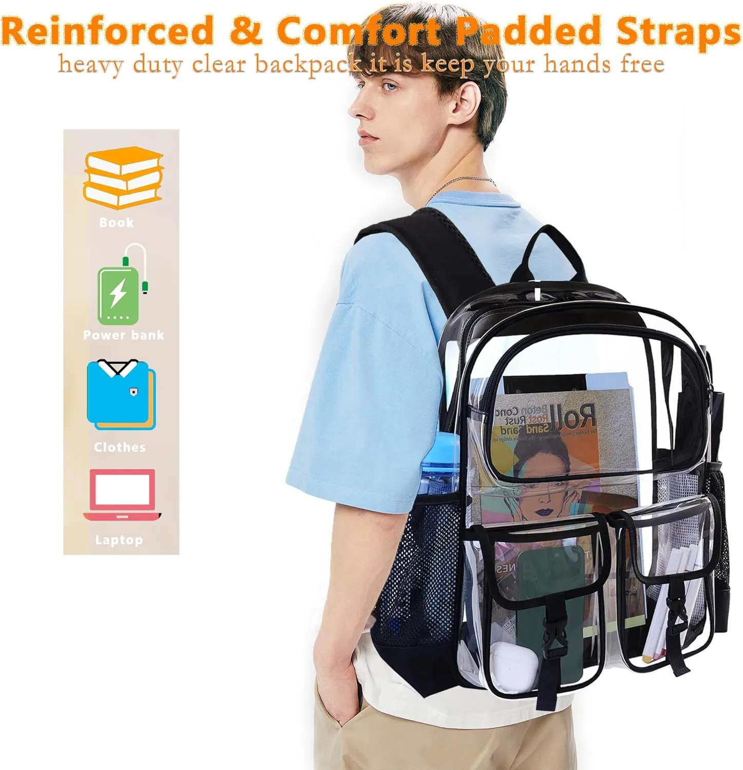 Clear Backpack for School, Clear Bookbag Heavy Duty Transparent Backpacks 17 '' Large See Through Bag for Boys Girls-Blue
