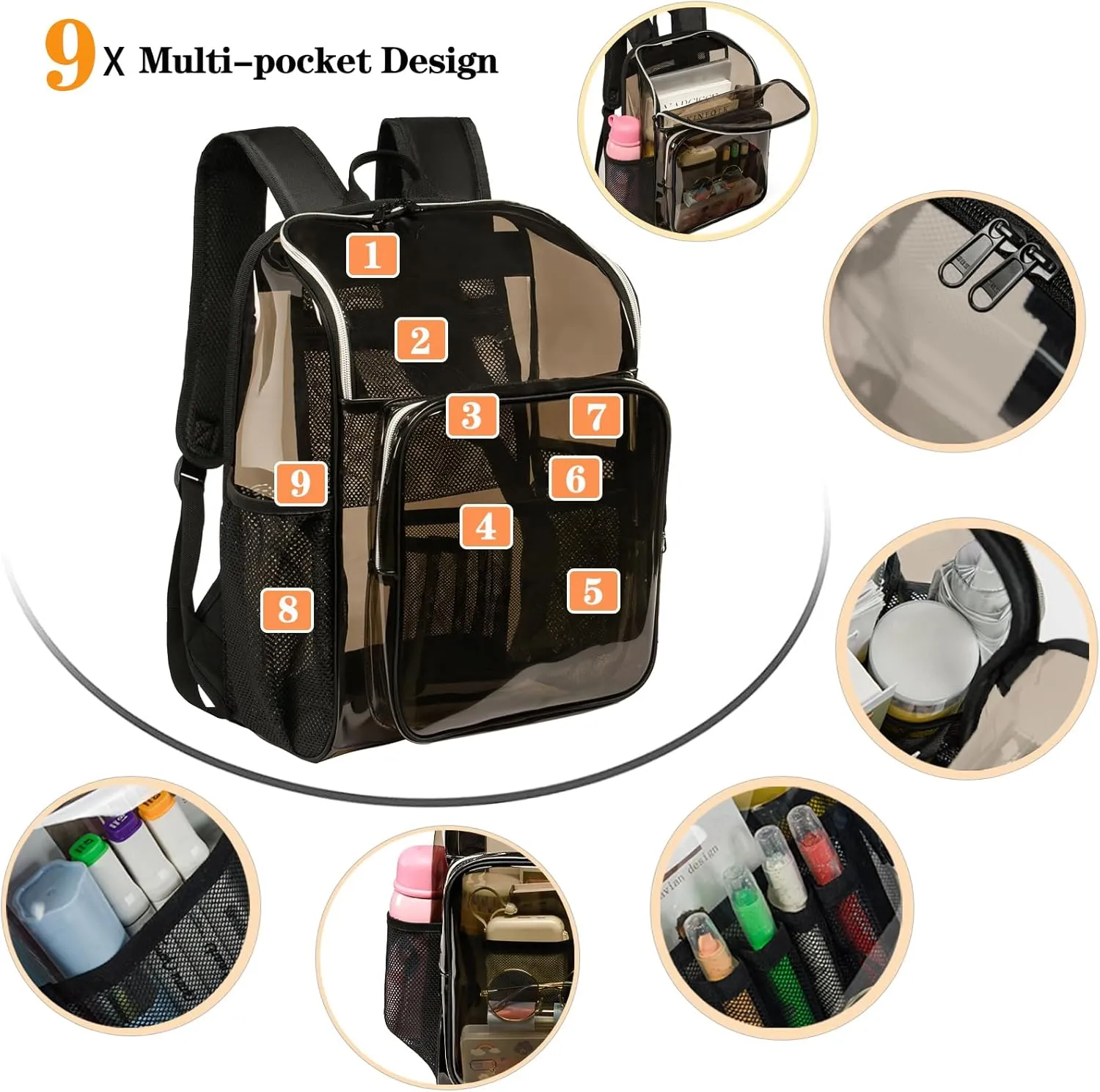 Clear Backpacks for School Large Clear Bookbag with Multi-Pockets PVC Transparent Backpack for College, Amber