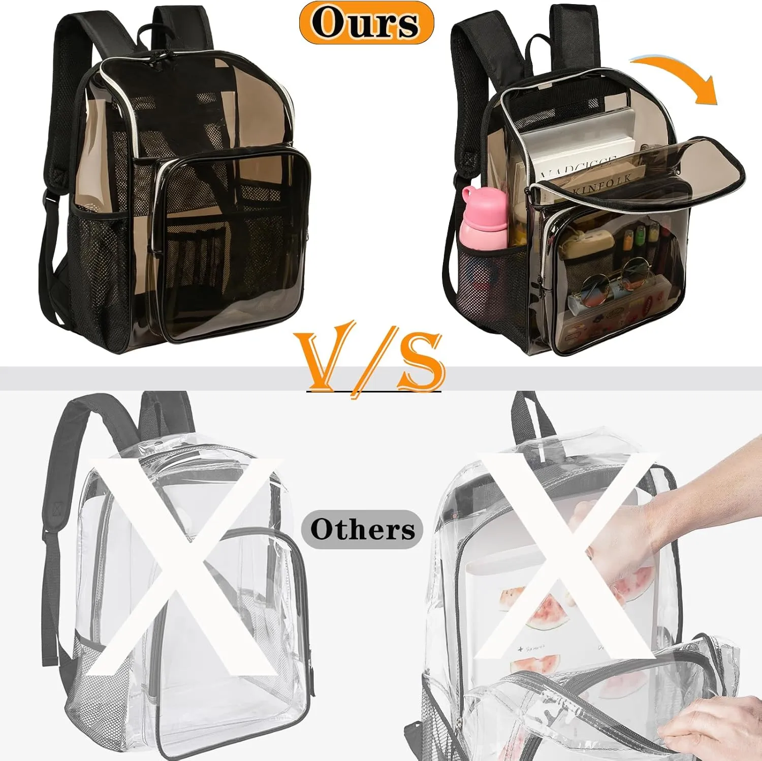 Clear Backpacks for School Large Clear Bookbag with Multi-Pockets PVC Transparent Backpack for College, Amber