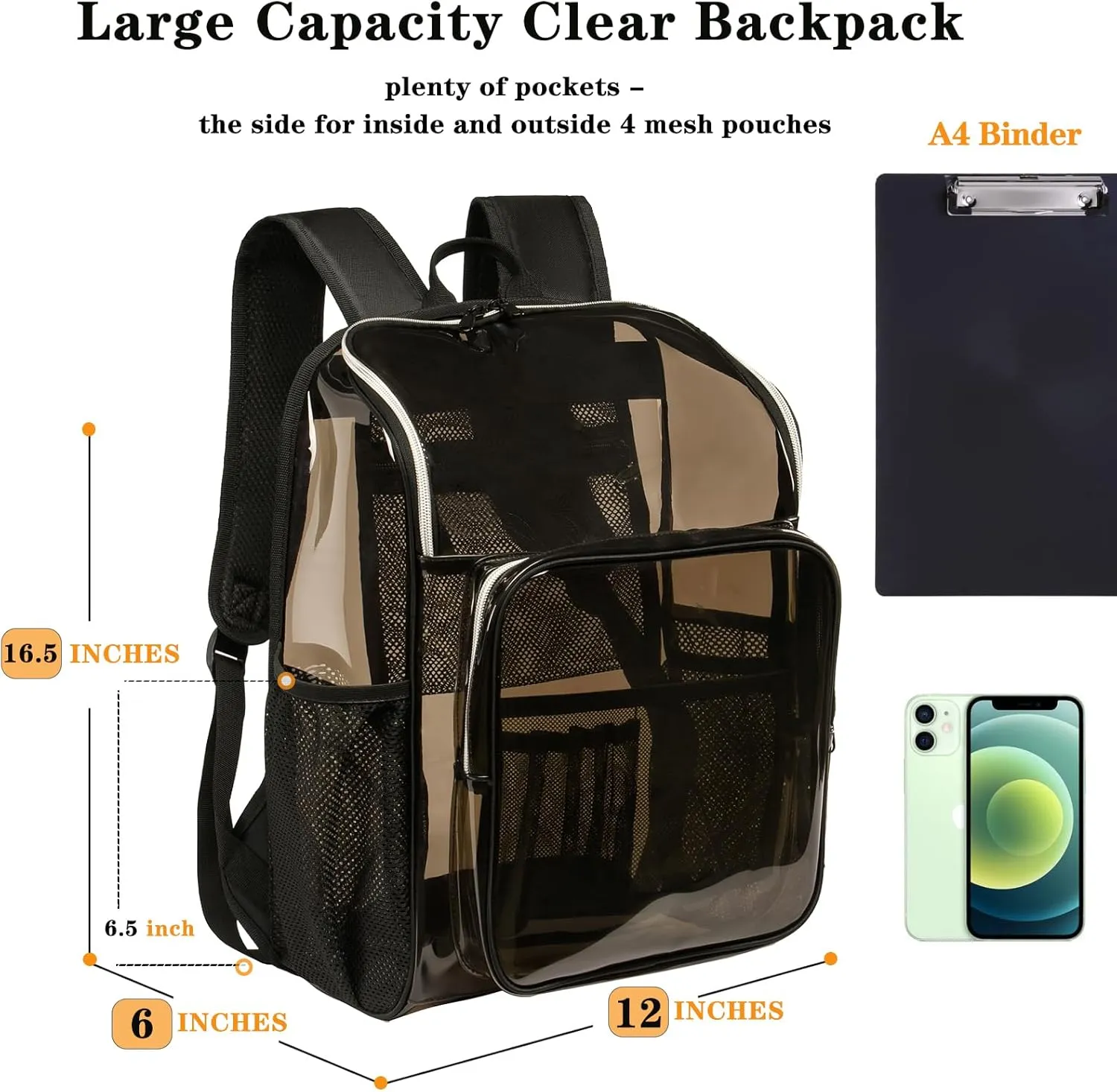 Clear Backpacks for School Large Clear Bookbag with Multi-Pockets PVC Transparent Backpack for College, Amber