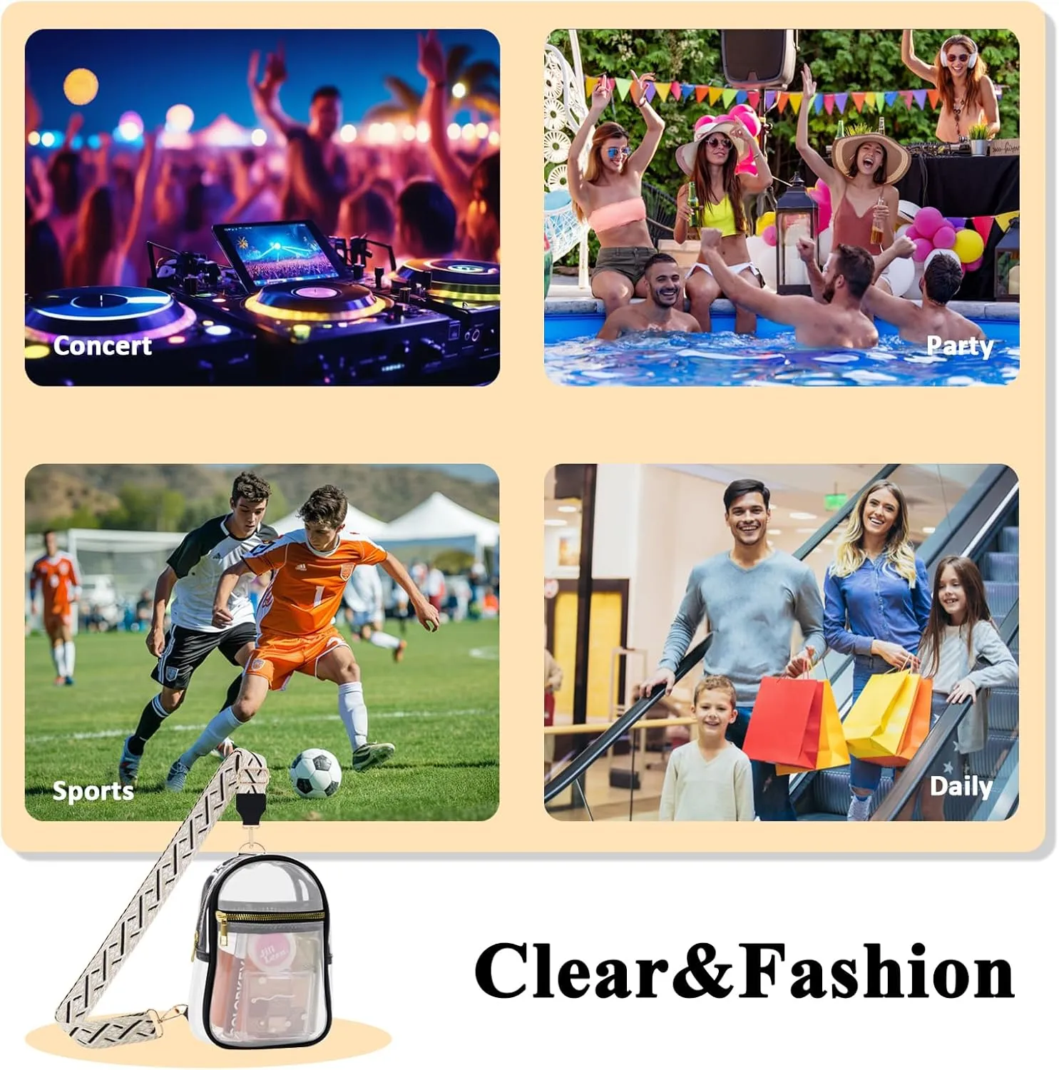 Clear Bag for Stadium Events Approved Concert Travel Outdoors See Through Sports Fan Handbags&Purses