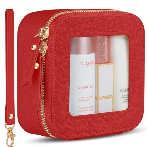 Clear Mini Makeup Bag | Small Cosmetic Pouch | Cute Leather Makeup Pouch | Purse Organizer | Car Travel Essentials (Red)