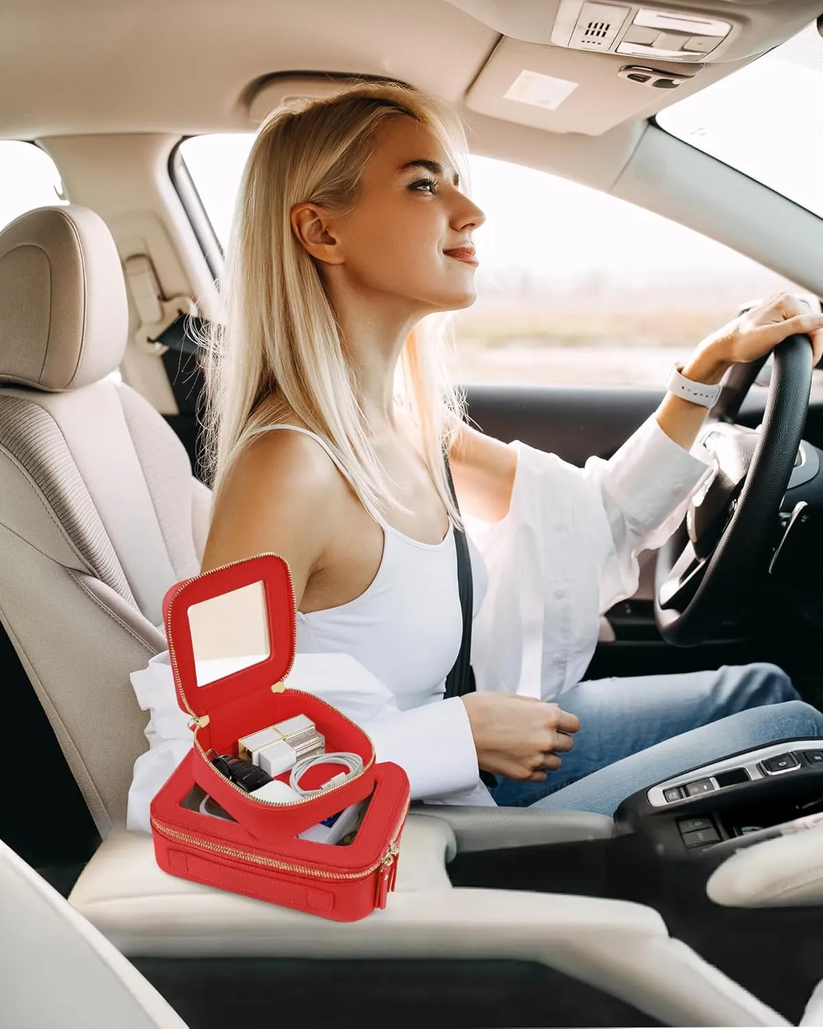 Clear Mini Makeup Bag | Small Cosmetic Pouch | Cute Leather Makeup Pouch | Purse Organizer | Car Travel Essentials (Red)