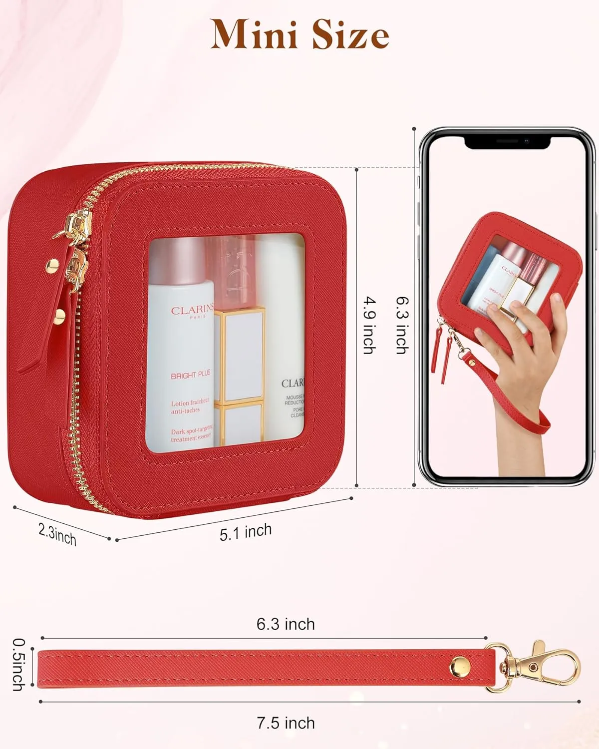 Clear Mini Makeup Bag | Small Cosmetic Pouch | Cute Leather Makeup Pouch | Purse Organizer | Car Travel Essentials (Red)