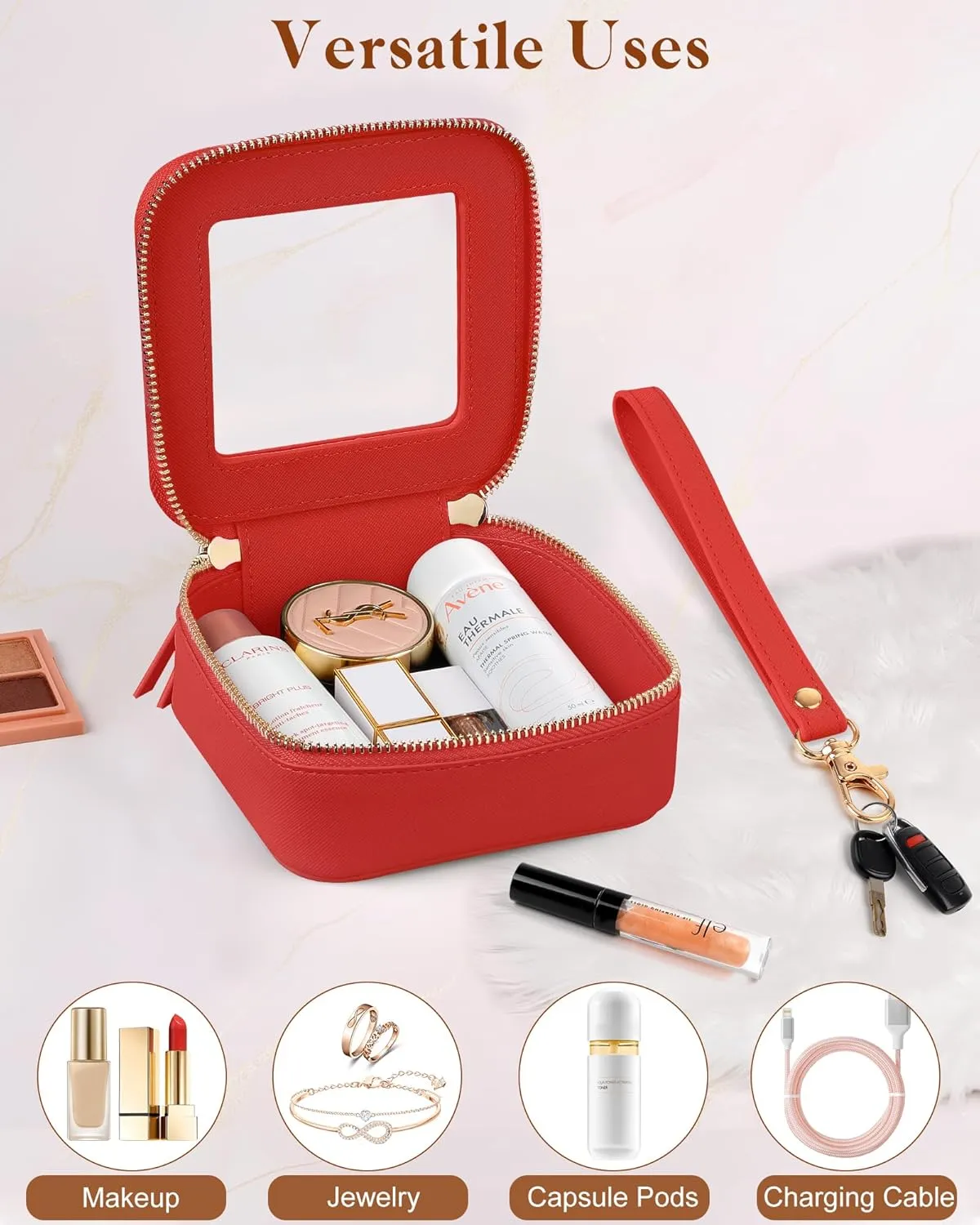 Clear Mini Makeup Bag | Small Cosmetic Pouch | Cute Leather Makeup Pouch | Purse Organizer | Car Travel Essentials (Red)