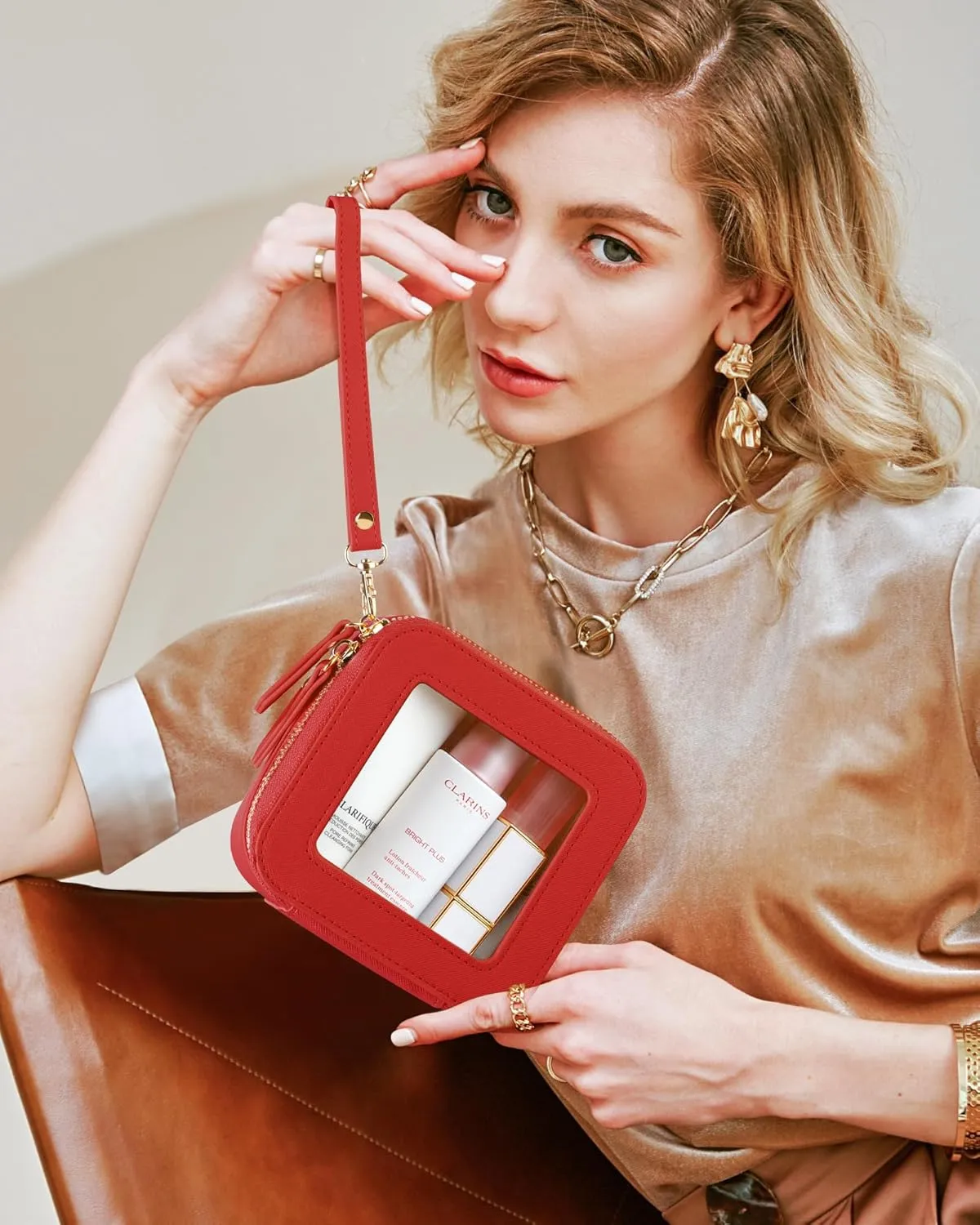Clear Mini Makeup Bag | Small Cosmetic Pouch | Cute Leather Makeup Pouch | Purse Organizer | Car Travel Essentials (Red)