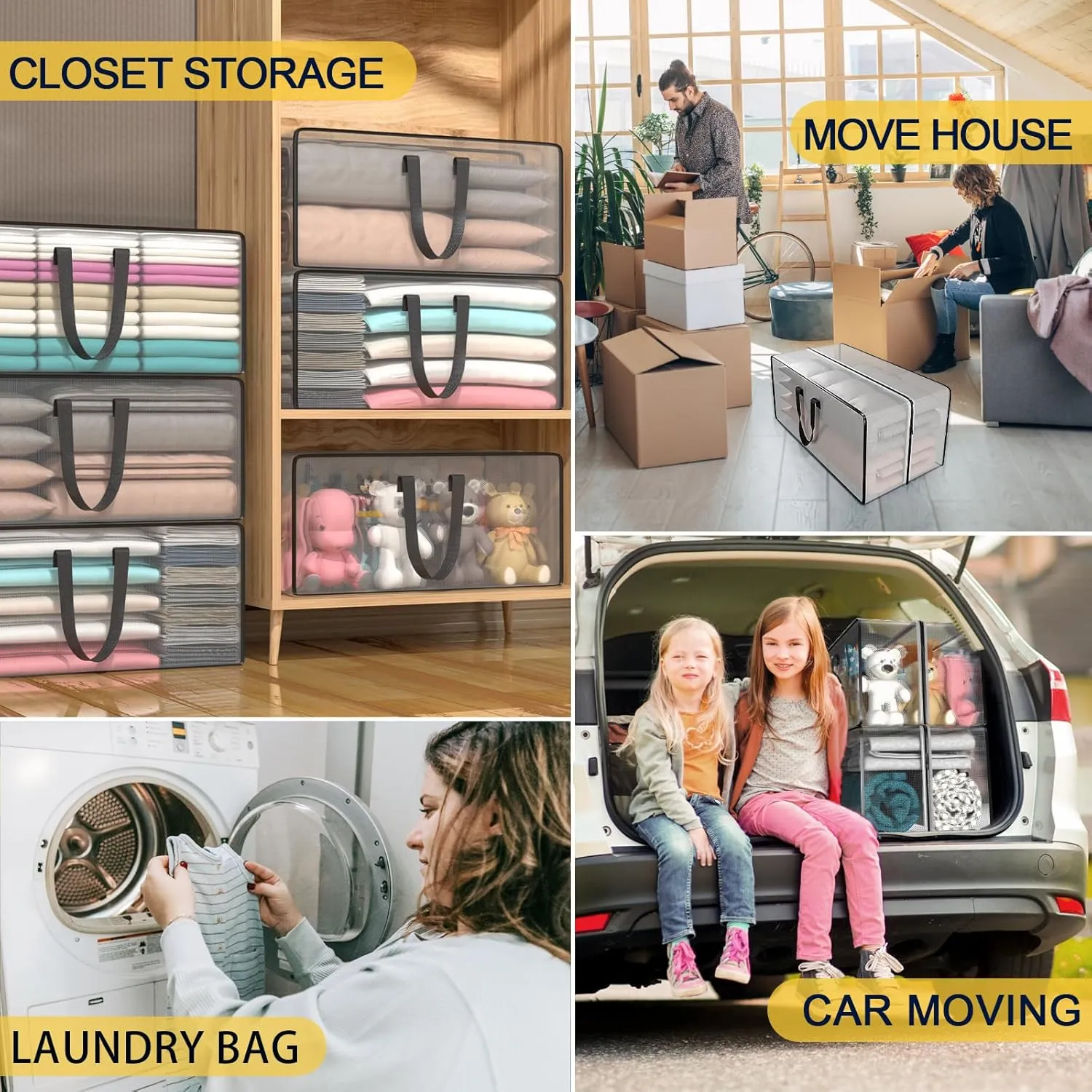 Clear Storage Bags with Zipper, 2 Pack Large Moving Bags Heavy Duty Extra Large, Plastic Storage Totes for Clothes, College dorm Packing Bag with Strong Handles