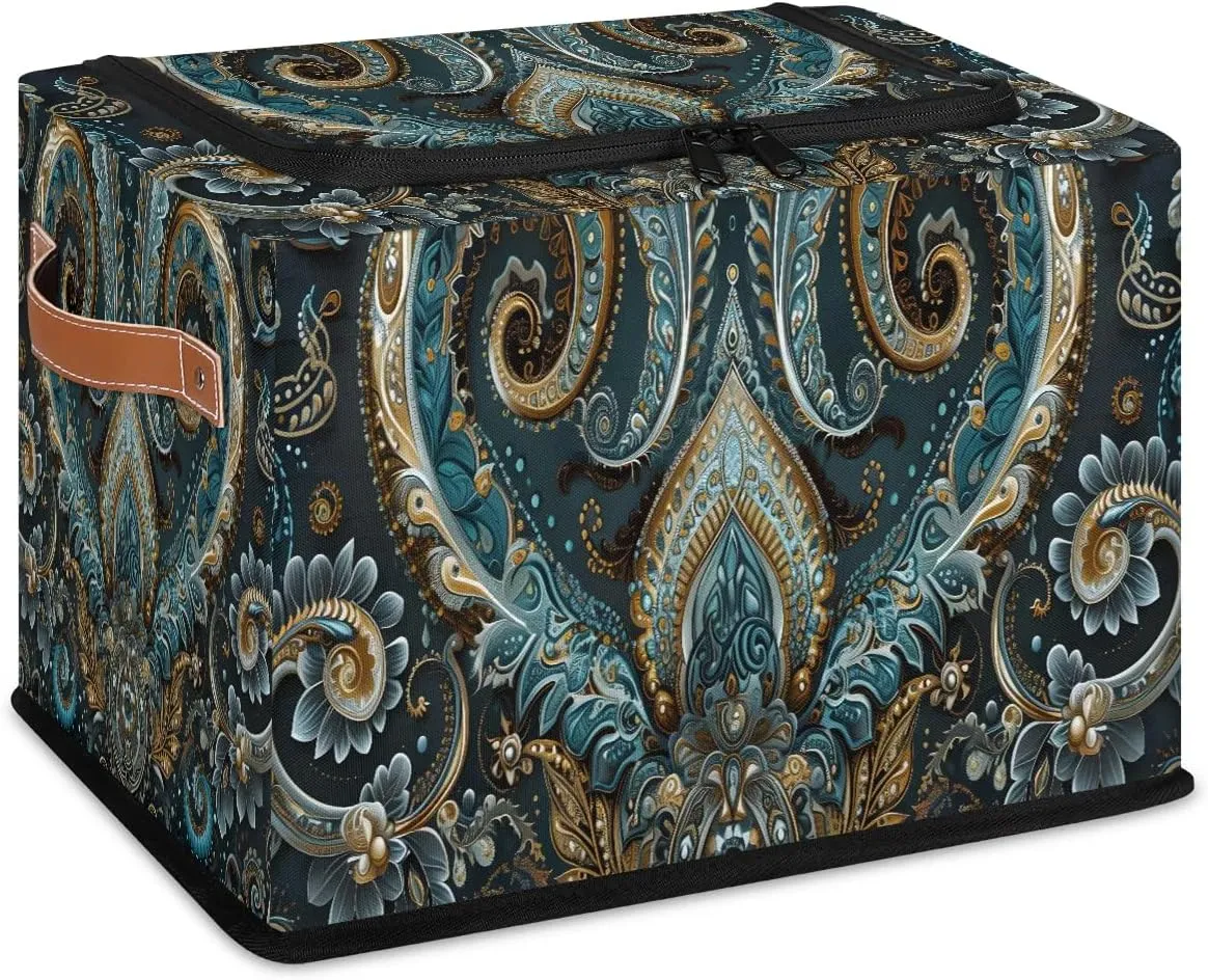 Clothes Storage Bins With Lids Ethnic Texture Solemn Foldable Storage Box with Leather Handles Large Capacity Storage Bags for Clothing Bedding Toys Blanket Towel Decorative Under Bed