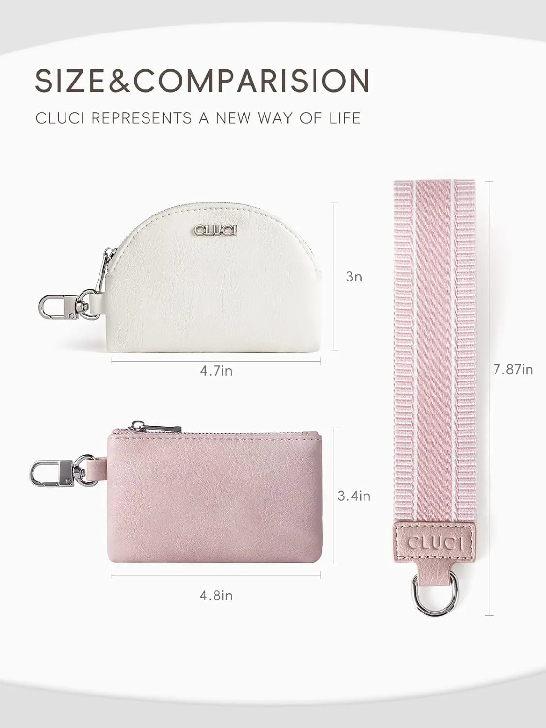 CLUCI Keychain Wallet for Women Leather Coin Purse Detachable Dual Pouch Wristlet Wallet Zipper Pocket Pink With Brown