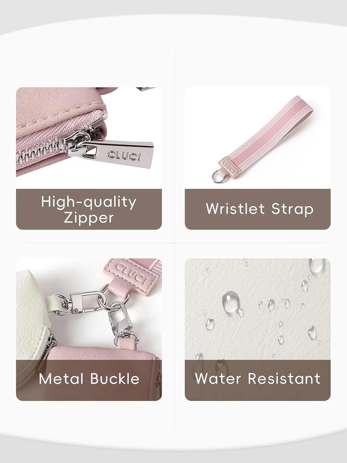 CLUCI Keychain Wallet for Women Leather Coin Purse Detachable Dual Pouch Wristlet Wallet Zipper Pocket Pink With Brown