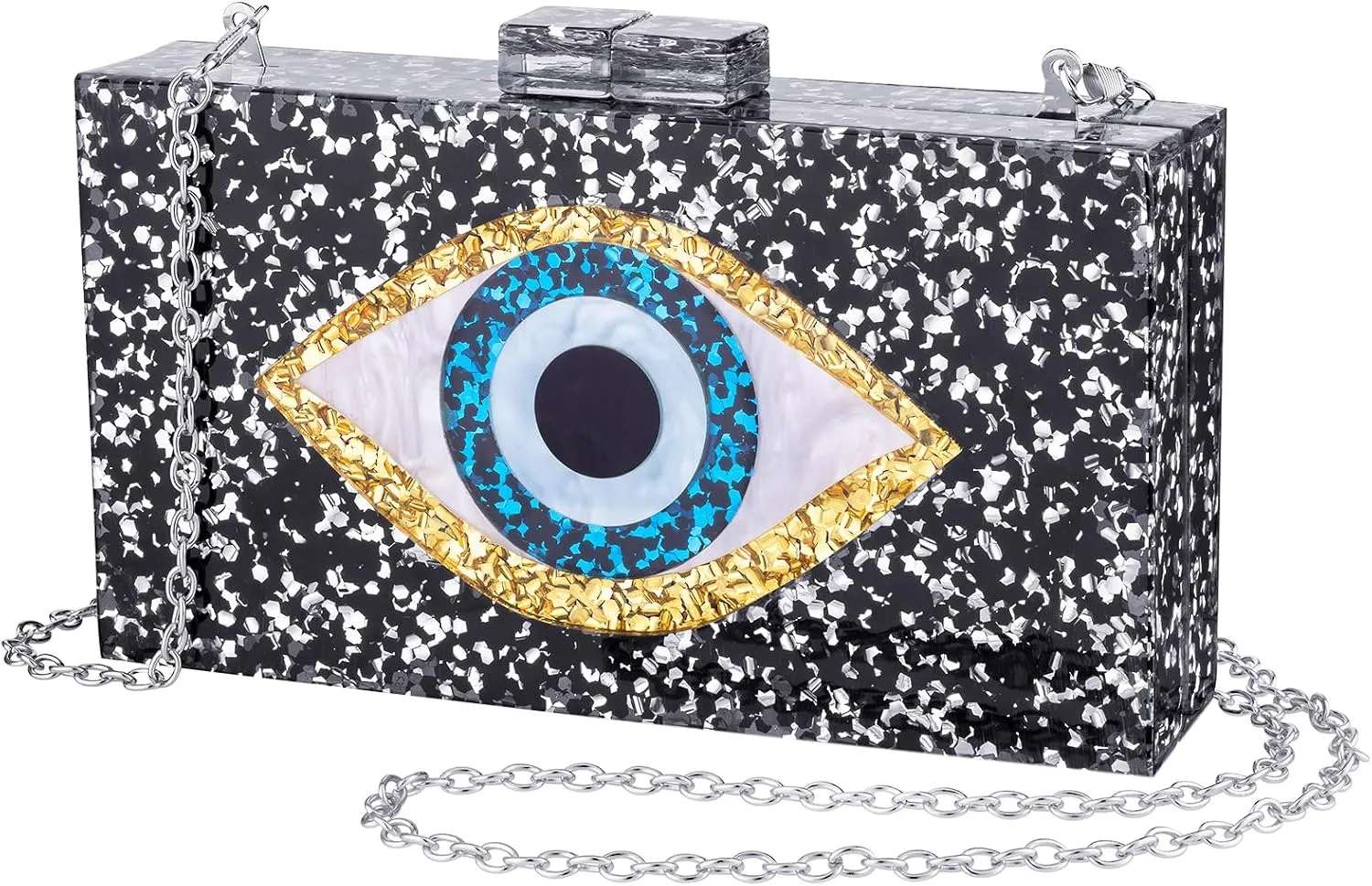 Clutch Purses for Women, Acrylic Blue Evil Eye Evening Bag, Crossbody Bag for Wedding Party(Black Sequins)