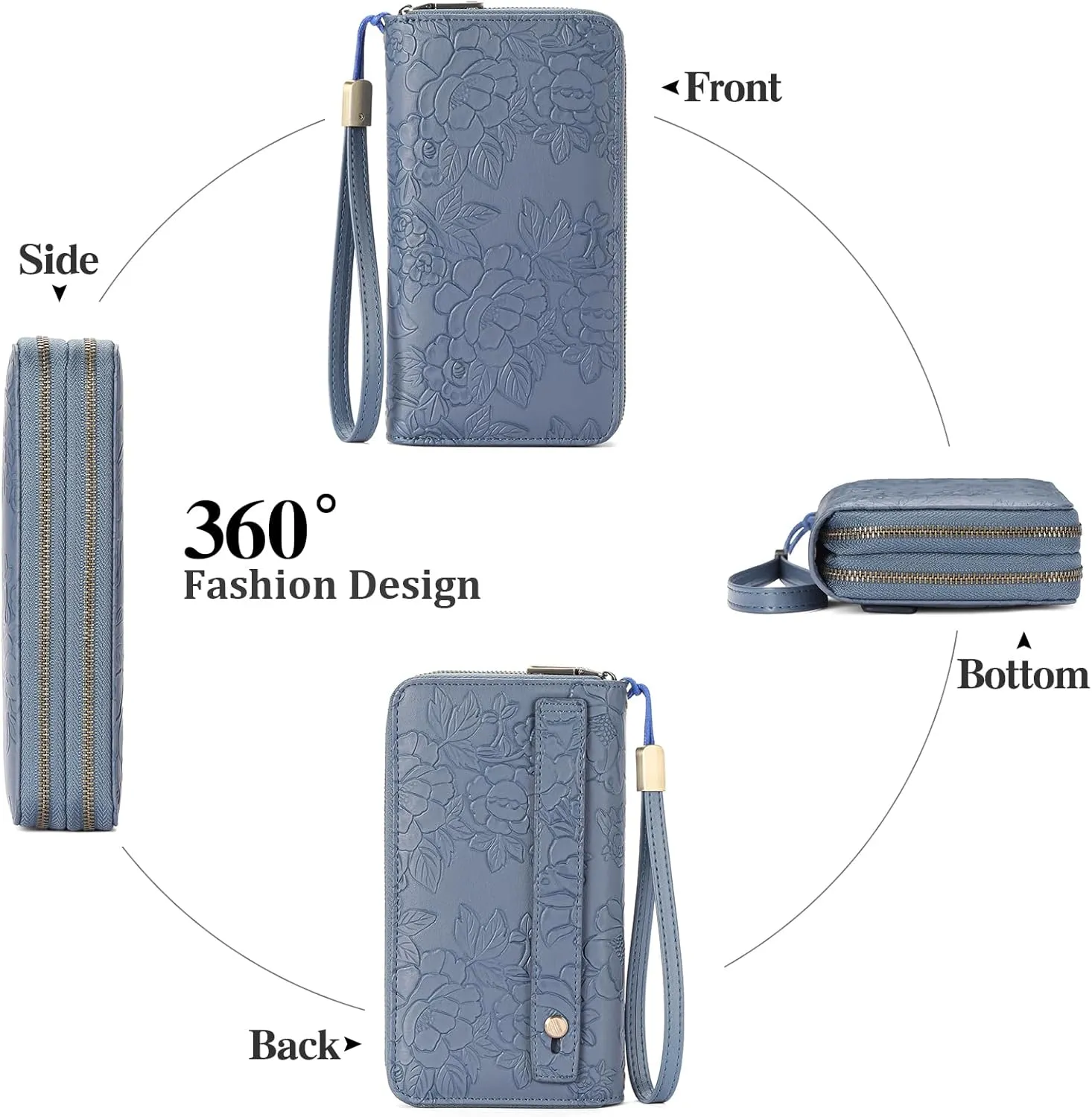 Clutch Wallet for Women Large Zipper Wallet for Women RFID Blocking Long Wallet with Wrist Strap, Womens Wallets Leather with Card Holder(Floral Blue)
