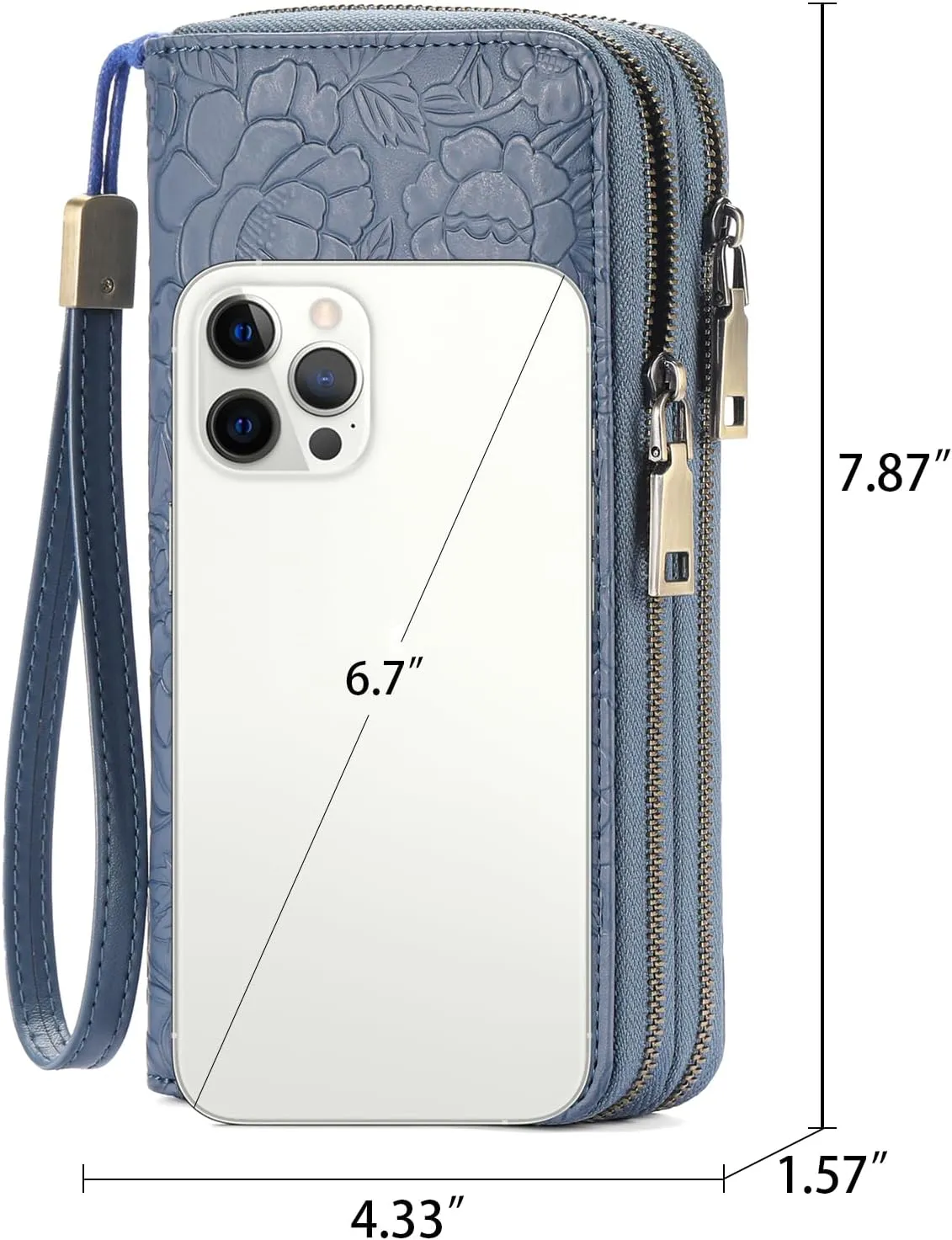 Clutch Wallet for Women Large Zipper Wallet for Women RFID Blocking Long Wallet with Wrist Strap, Womens Wallets Leather with Card Holder(Floral Blue)