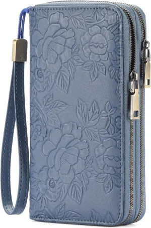 Clutch Wallet for Women Large Zipper Wallet for Women RFID Blocking Long Wallet with Wrist Strap, Womens Wallets Leather with Card Holder(Floral Blue)