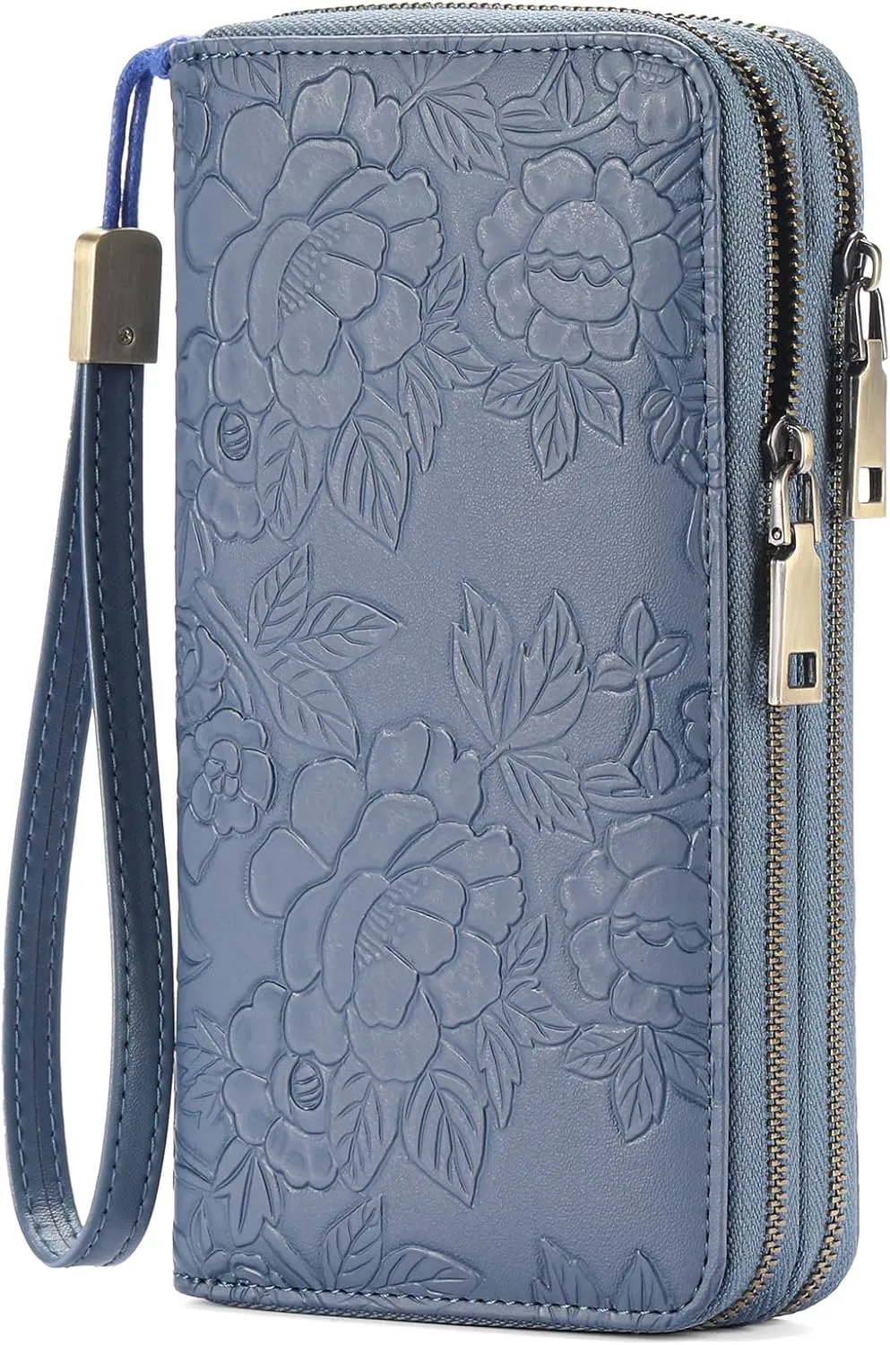 Clutch Wallet for Women Large Zipper Wallet for Women RFID Blocking Long Wallet with Wrist Strap, Womens Wallets Leather with Card Holder(Floral Blue)