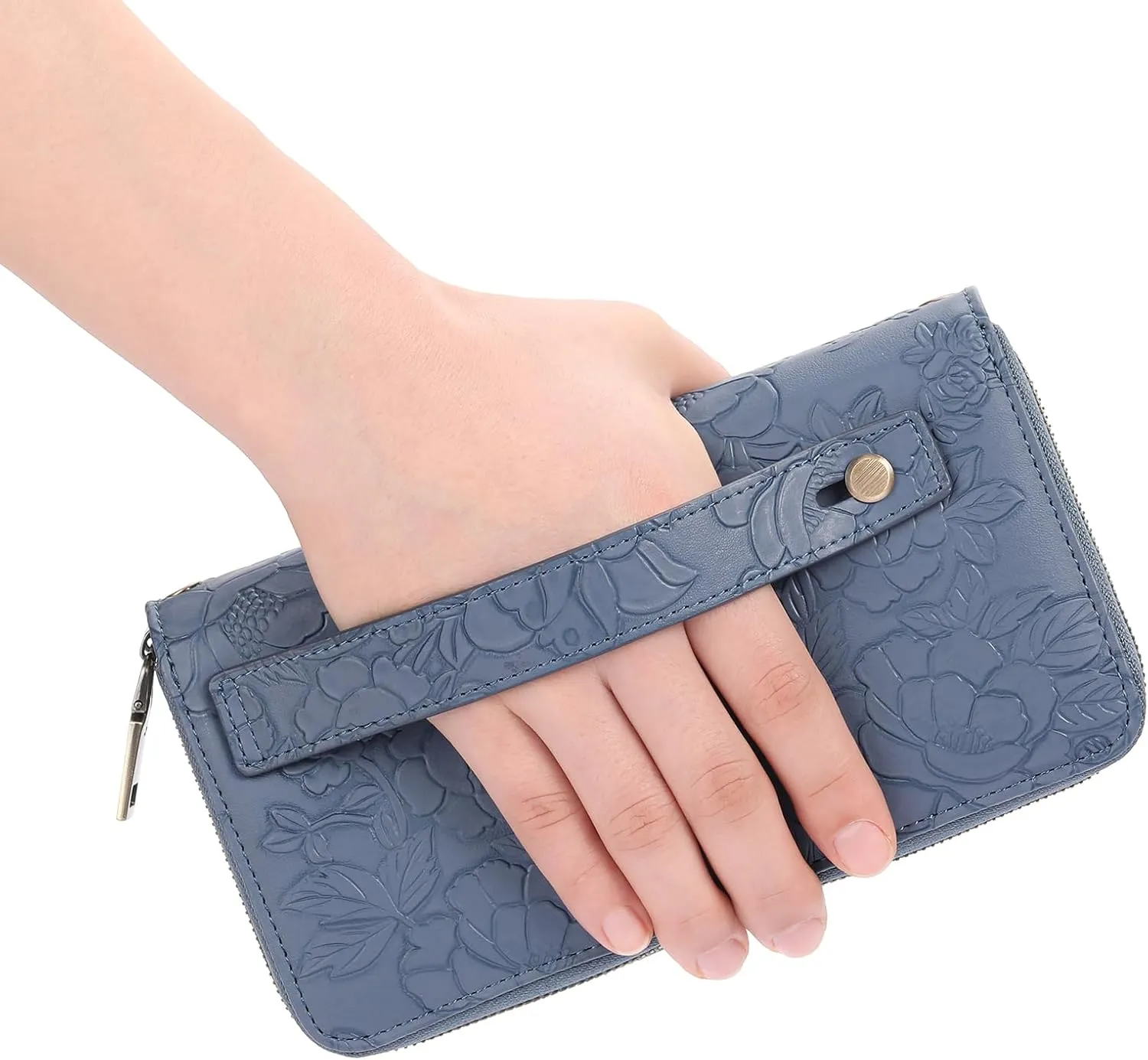 Clutch Wallet for Women Large Zipper Wallet for Women RFID Blocking Long Wallet with Wrist Strap, Womens Wallets Leather with Card Holder(Floral Blue)