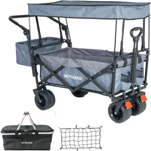 Collapsible Wagon Folding Garden Cart with Removable Canopy Utility Wagon Cart with All-Terrain Wheels 4 Brake Beach Cart Heavy Duty Beach Wagon for Camping (Light&Dark Gray Splicing)