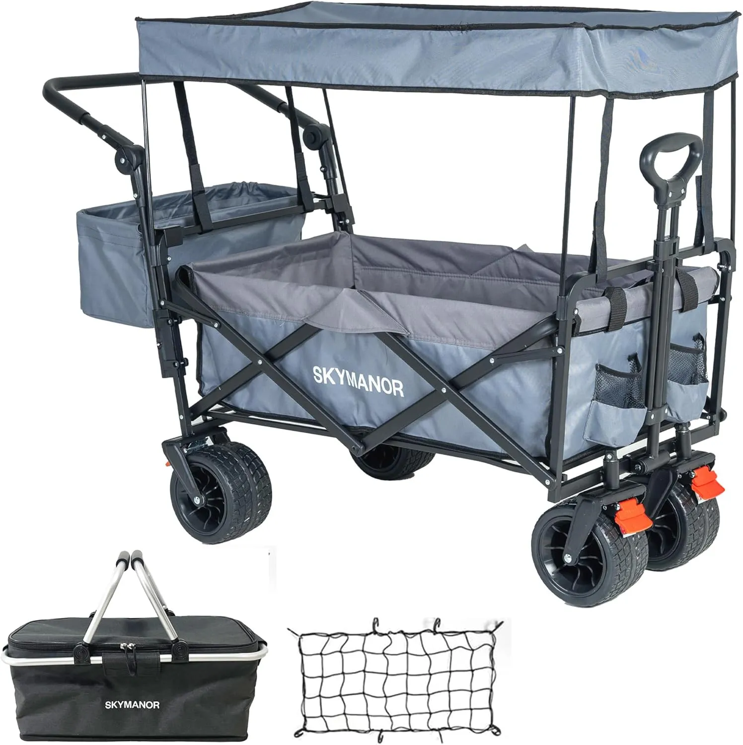 Collapsible Wagon Folding Garden Cart with Removable Canopy Utility Wagon Cart with All-Terrain Wheels 4 Brake Beach Cart Heavy Duty Beach Wagon for Camping (Light&Dark Gray Splicing)