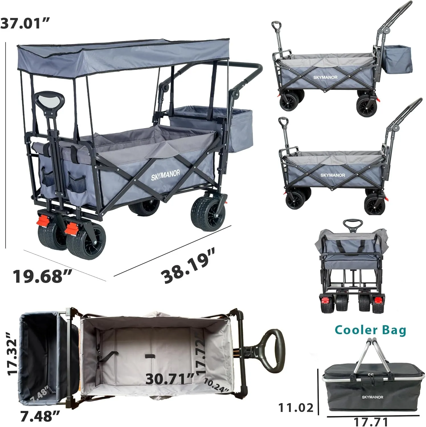 Collapsible Wagon Folding Garden Cart with Removable Canopy Utility Wagon Cart with All-Terrain Wheels 4 Brake Beach Cart Heavy Duty Beach Wagon for Camping (Light&Dark Gray Splicing)