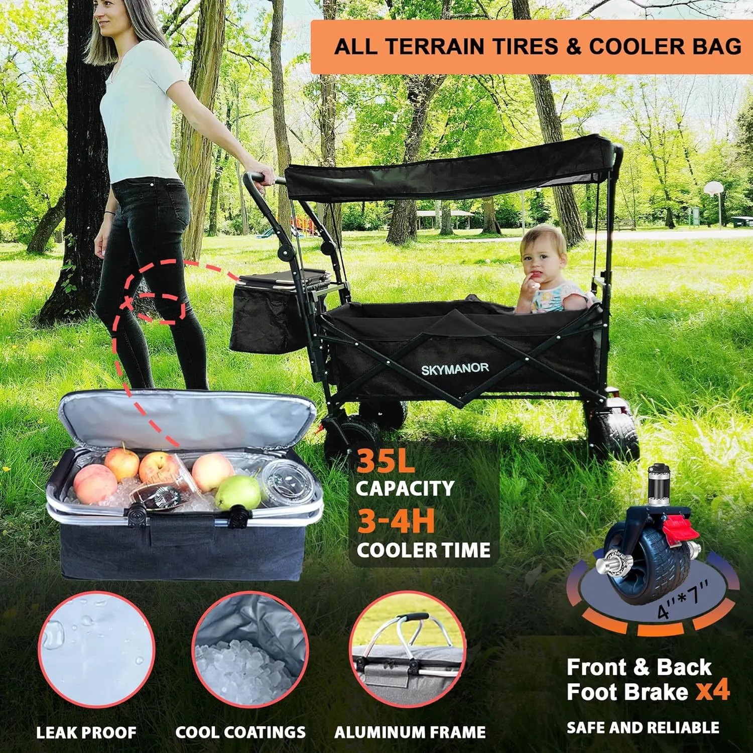 Collapsible Wagon Folding Garden Cart with Removable Canopy Utility Wagon Cart with All-Terrain Wheels 4 Brake Beach Cart Heavy Duty Beach Wagon for Camping (Light&Dark Gray Splicing)