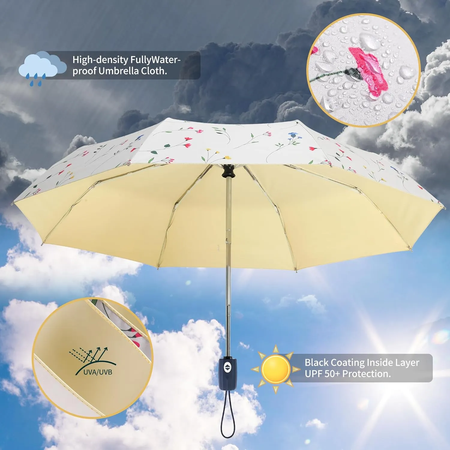 Color Glue Coating Sun Umbrella UV Protection Compact Folding Windproof Parasols Travel Auto Open Close Blocking UV 99.98%