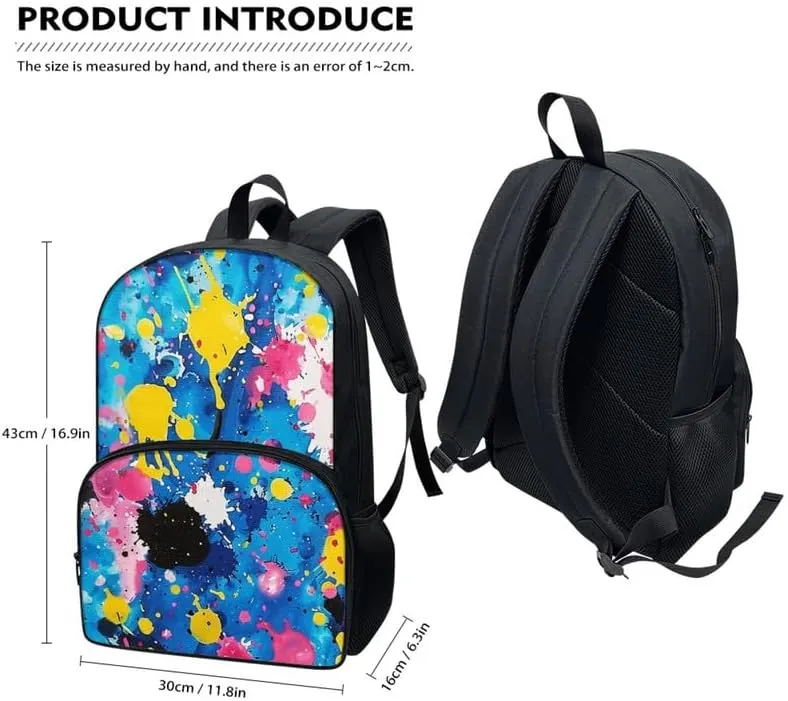 Color Splatter School Bag, Graffiti Art Middle High School 17" Double Zipper Daypack, Pigment Splash Casual Durable Knapsack Bookbags Laptop Compartment