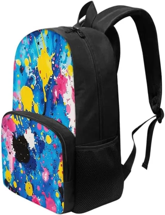 Color Splatter School Bag, Graffiti Art Middle High School 17" Double Zipper Daypack, Pigment Splash Casual Durable Knapsack Bookbags Laptop Compartment