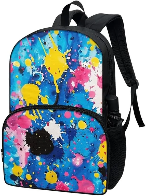 Color Splatter School Bag, Graffiti Art Middle High School 17" Double Zipper Daypack, Pigment Splash Casual Durable Knapsack Bookbags Laptop Compartment