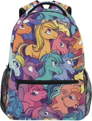 Colored Ponies School backpack for Boys Girls, Elementary School Bookbag Travel Bag Laptop Daypack with Name Tag