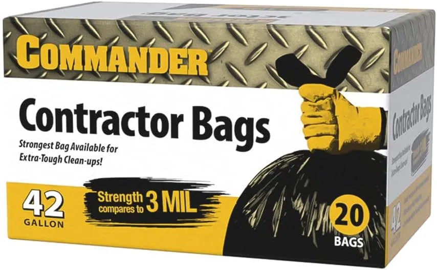 Commander 42 Gallon 3 MIL (eq) Heavy Duty Contractor Bags with Flap Ties - 32" x 46" - Pack of 20 - For Contractor, Industrial, & Outdoor