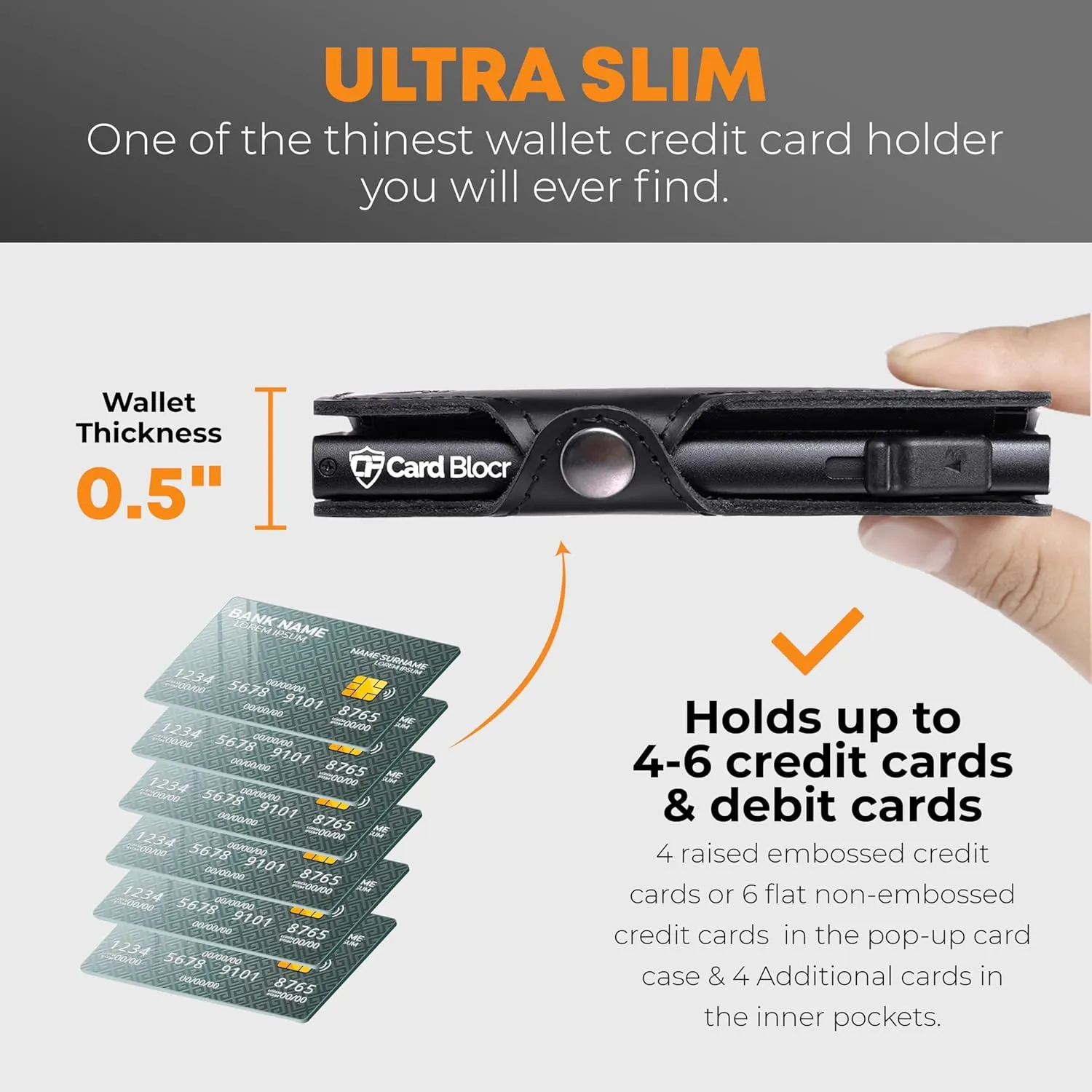 Conceal Plus Wallet for Men, 4-6 Card Pop Up Wallet Smart RFID Blocking Credit Card Holder, Black Leather Slim Minimalist Wallet Trifold 4 Additional Cards & Cash Internal Storage