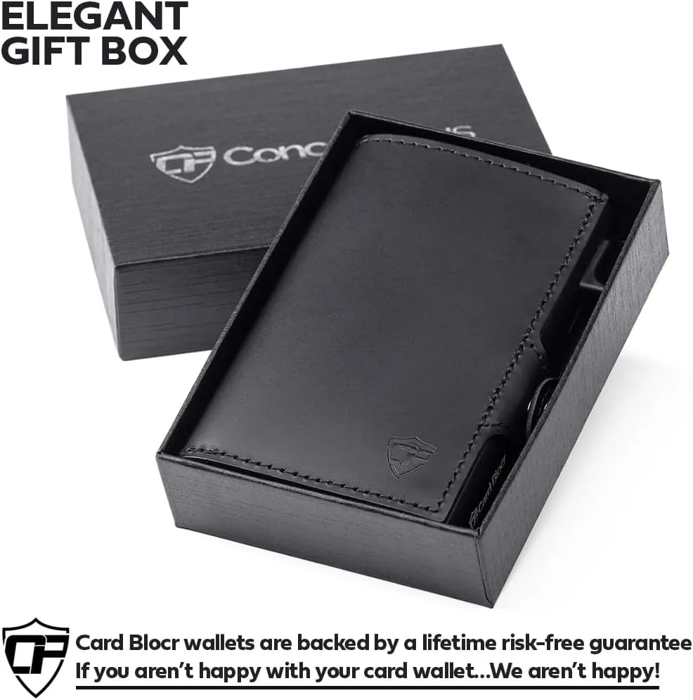 Conceal Plus Wallet for Men, 4-6 Card Pop Up Wallet Smart RFID Blocking Credit Card Holder, Black Leather Slim Minimalist Wallet Trifold 4 Additional Cards & Cash Internal Storage