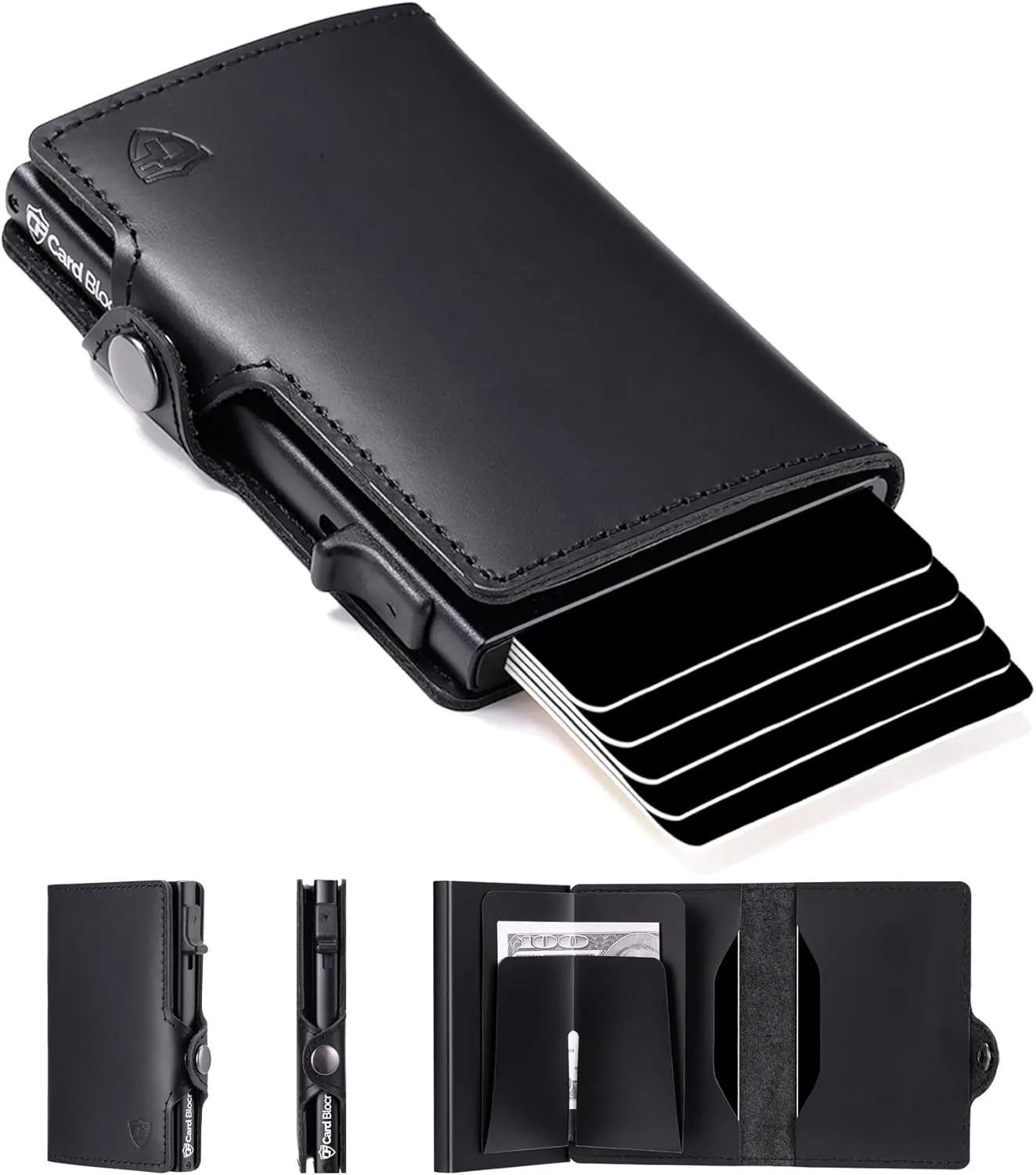 Conceal Plus Wallet for Men, 4-6 Card Pop Up Wallet Smart RFID Blocking Credit Card Holder, Black Leather Slim Minimalist Wallet Trifold 4 Additional Cards & Cash Internal Storage