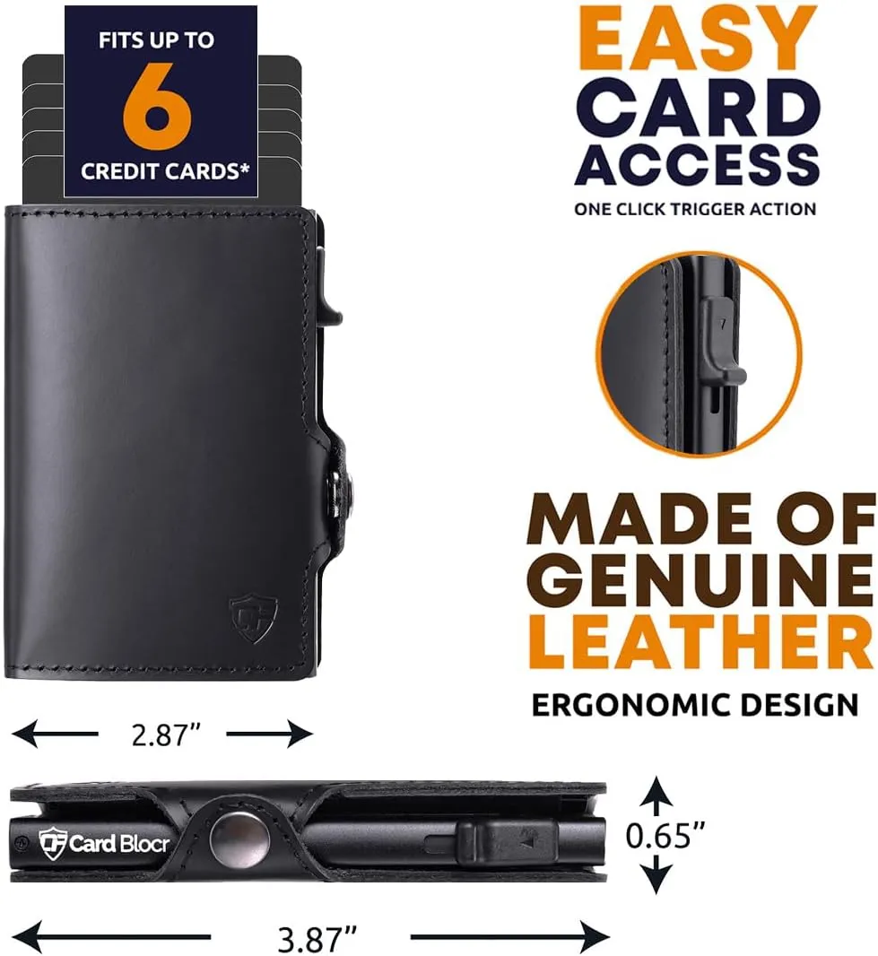 Conceal Plus Wallet for Men, 4-6 Card Pop Up Wallet Smart RFID Blocking Credit Card Holder, Black Leather Slim Minimalist Wallet Trifold 4 Additional Cards & Cash Internal Storage