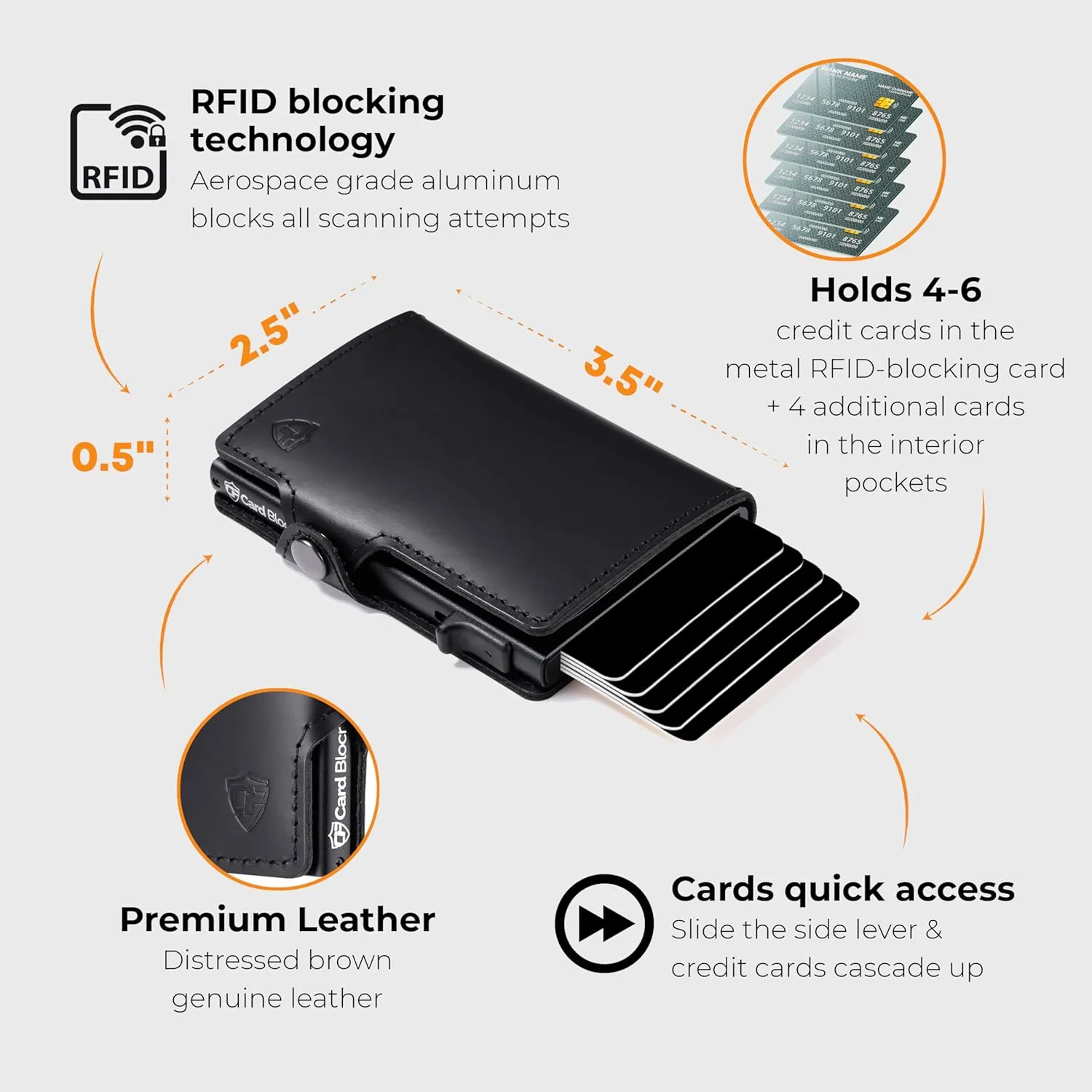 Conceal Plus Wallet for Men, 4-6 Card Pop Up Wallet Smart RFID Blocking Credit Card Holder, Black Leather Slim Minimalist Wallet Trifold 4 Additional Cards & Cash Internal Storage