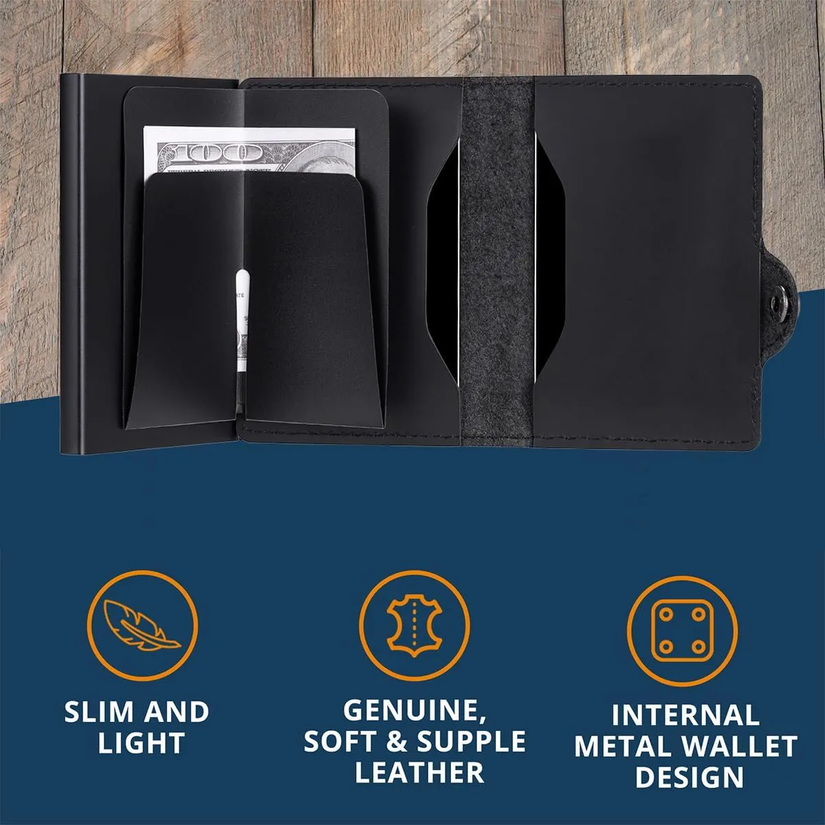 Conceal Plus Wallet for Men, 4-6 Card Pop Up Wallet Smart RFID Blocking Credit Card Holder, Black Leather Slim Minimalist Wallet Trifold 4 Additional Cards & Cash Internal Storage