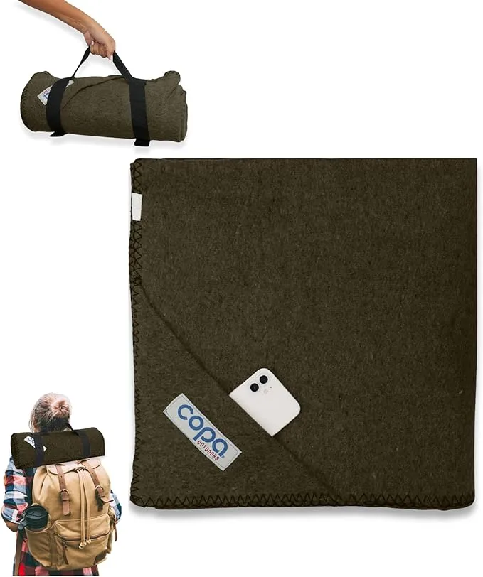 copa Outdoors Extra Large 4.5 lbs Wool Blanket 90"x66" Camping Blanket Thick Outdoor Blanket w Carry Strap and Front Cell Phone Pocket Camping Blankets for Cold Weather