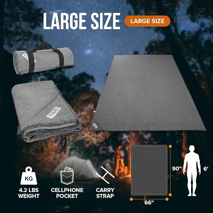 copa Outdoors Extra Large 4.5 lbs Wool Blanket 90"x66" Camping Blanket Thick Outdoor Blanket w Carry Strap and Front Cell Phone Pocket Camping Blankets for Cold Weather