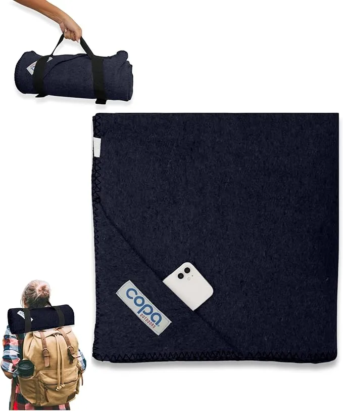 copa Outdoors Extra Large 4.5 lbs Wool Blanket 90"x66" Camping Blanket Thick Outdoor Blanket w Carry Strap and Front Cell Phone Pocket Camping Blankets for Cold Weather