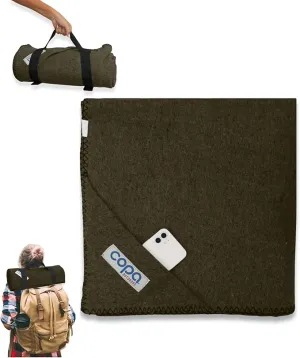 copa Outdoors Extra Large 4.5 lbs Wool Blanket 90"x66" Camping Blanket Thick Outdoor Blanket w Carry Strap and Front Cell Phone Pocket Camping Blankets for Cold Weather