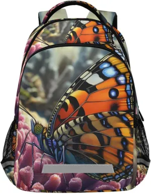 Coral Butterfly School Backpacks for Kids Boys Girls, Large Capacity Student Book Bag with Chest Buckle 11.6×7×16.7 Inch
