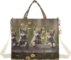 Corduroy Women Tote Bag Cub Wolf Fence Print, Handbag Purses with Detachable Strap Small Size